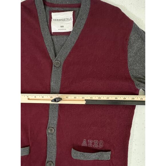Aeropostale Mens Cardigan Sweater Size Medium Burgundy Gray Wool Blend Button Up - Picture 7 of 8